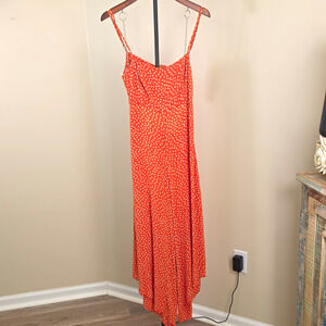 O'Neill Orange Polka Dot Wide Leg Jumpsuit Handkerchief Hem Maxi L Viscose